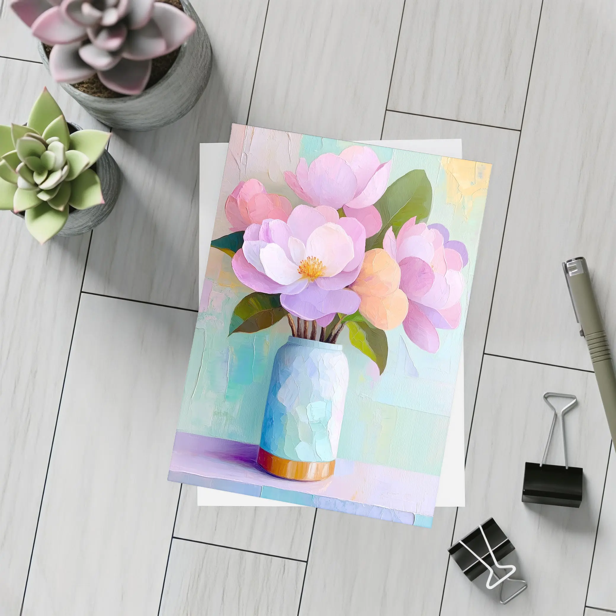 Pink Magnolia Flowers Pastel Oil Painting – Postcards