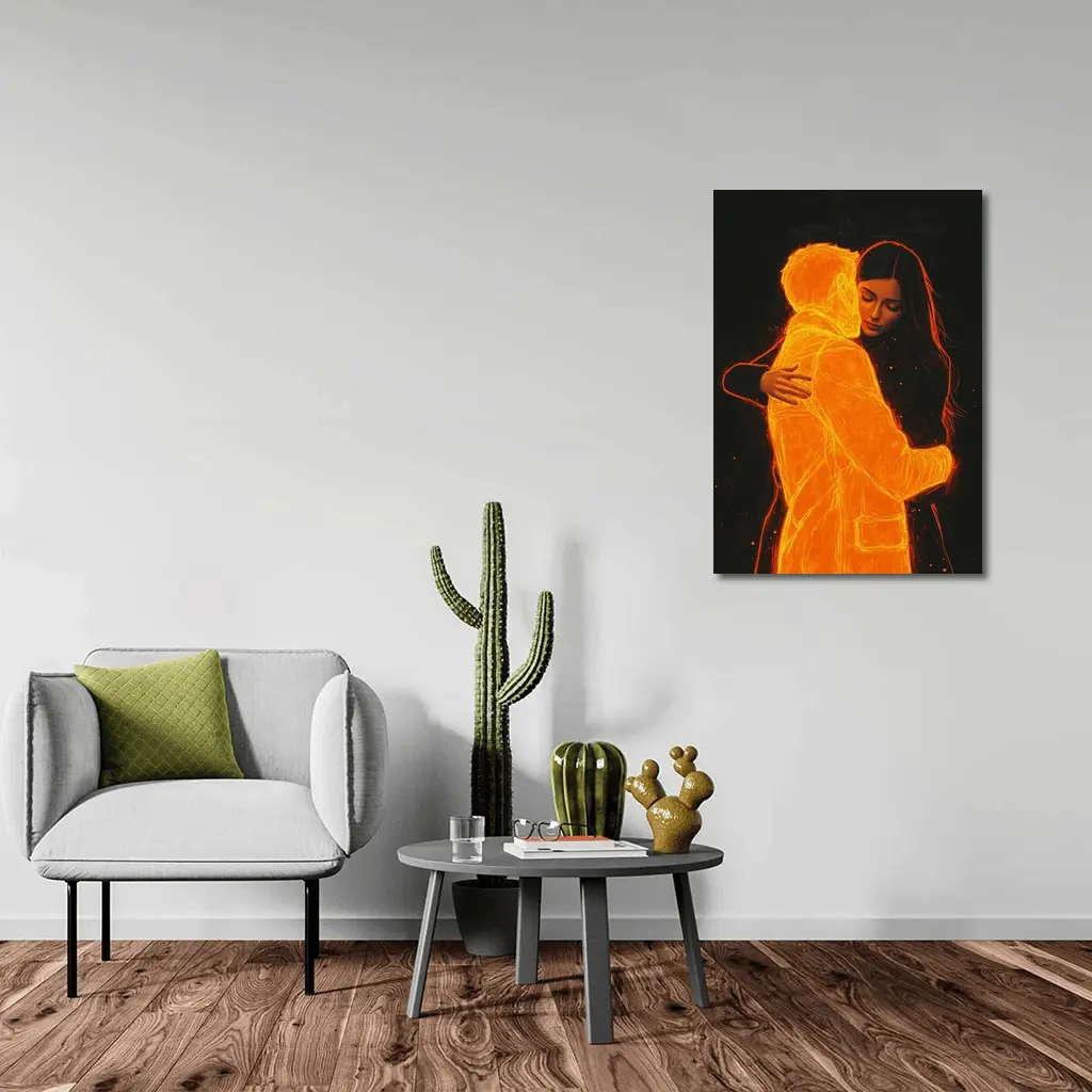 Glowing Couple Embracing Against Dark Background – Wall Art