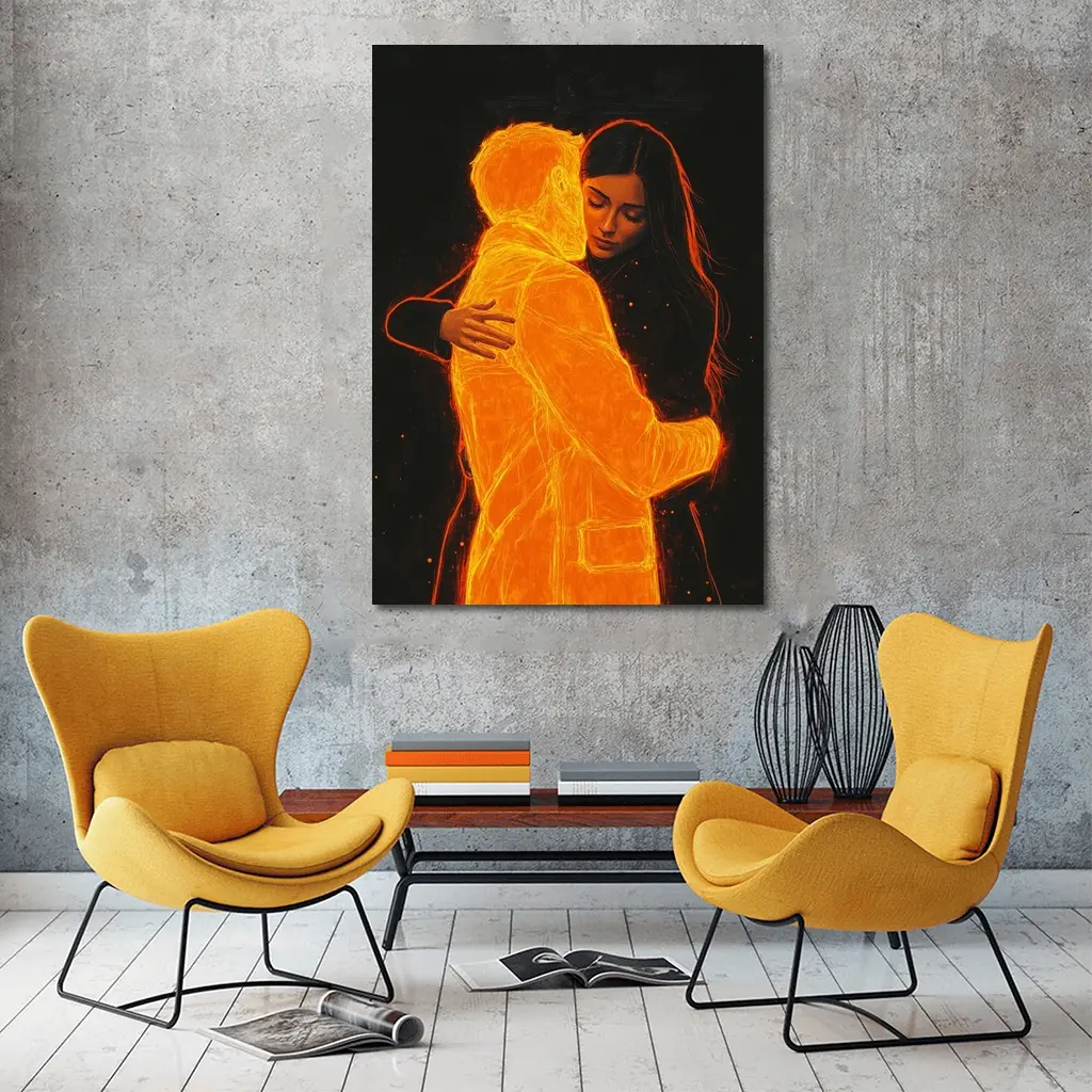 Glowing Couple Embracing Against Dark Background – Wall Art