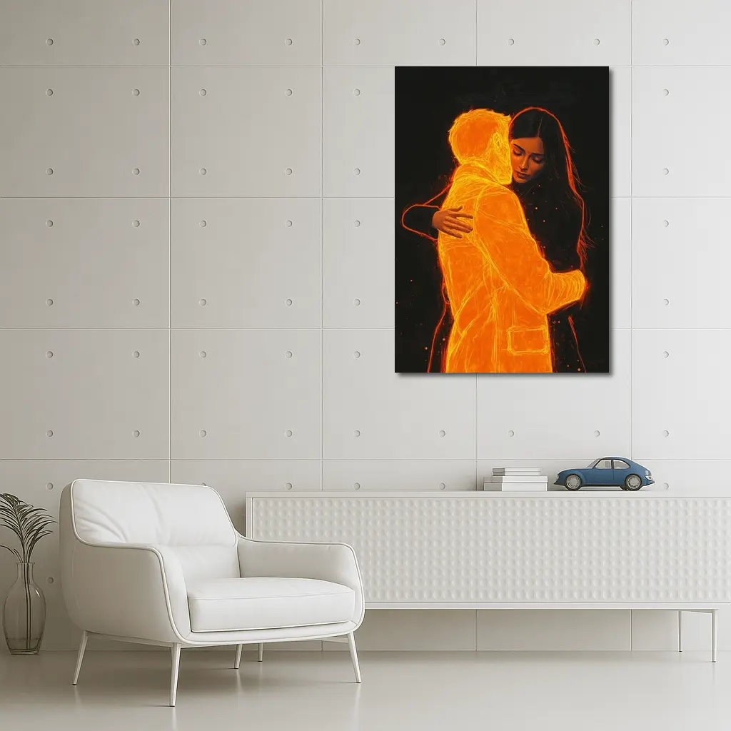 Glowing Couple Embracing Against Dark Background – Wall Art