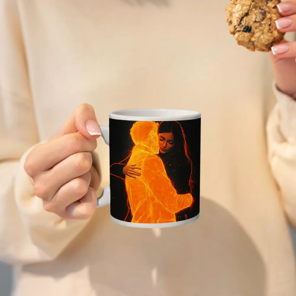 Glowing Couple Embracing Against Dark Background – Mugs