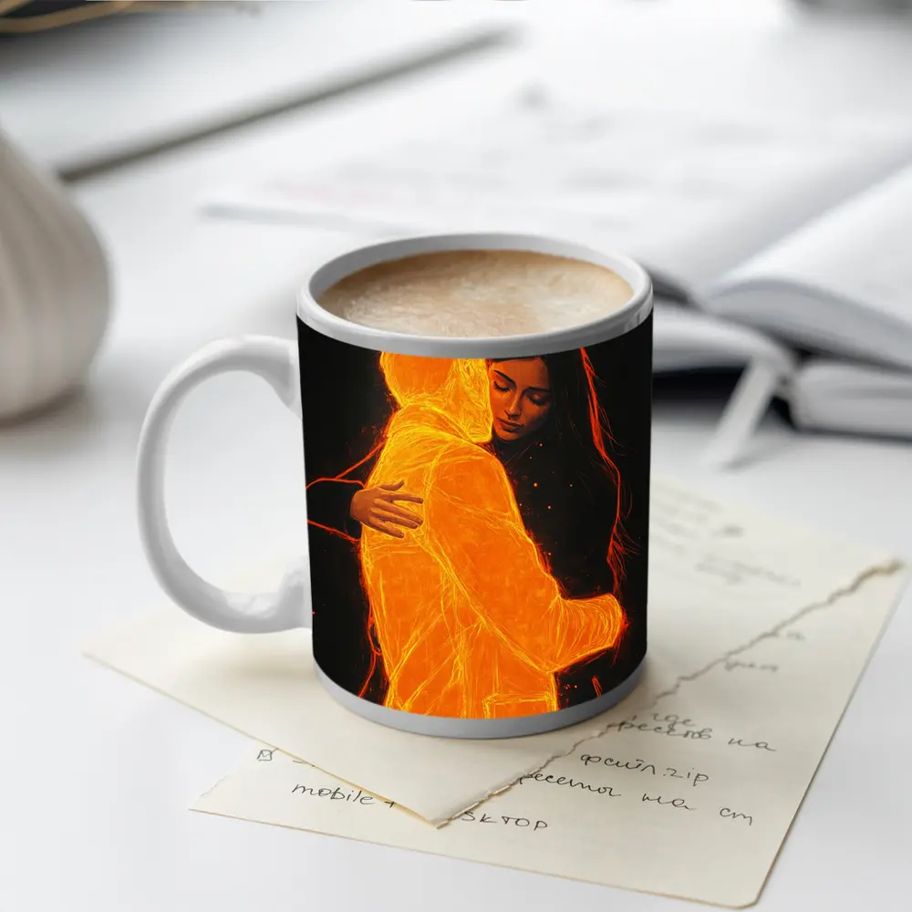 Glowing Couple Embracing Against Dark Background – Mugs