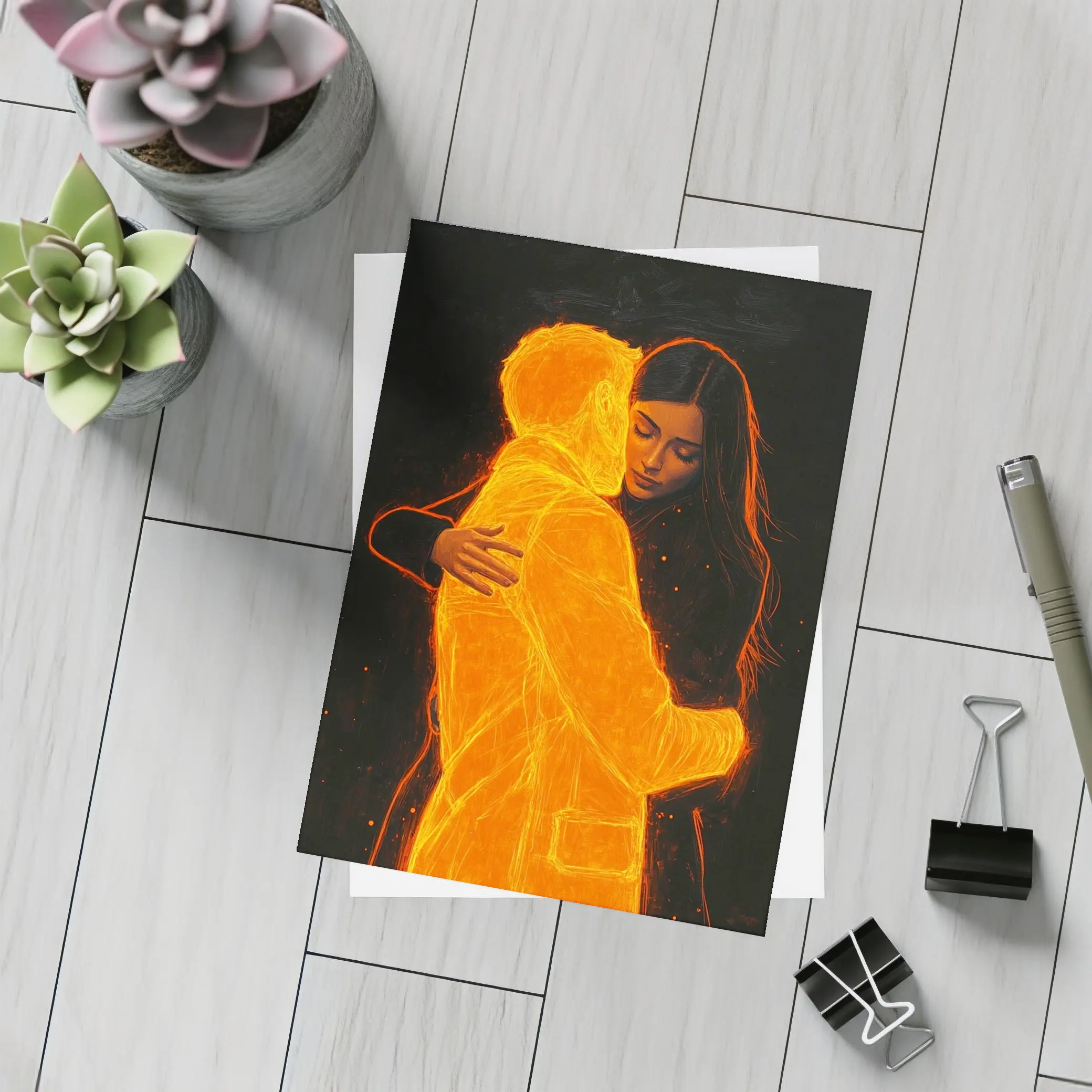 Glowing Couple Embracing Against Dark Background – Postcards