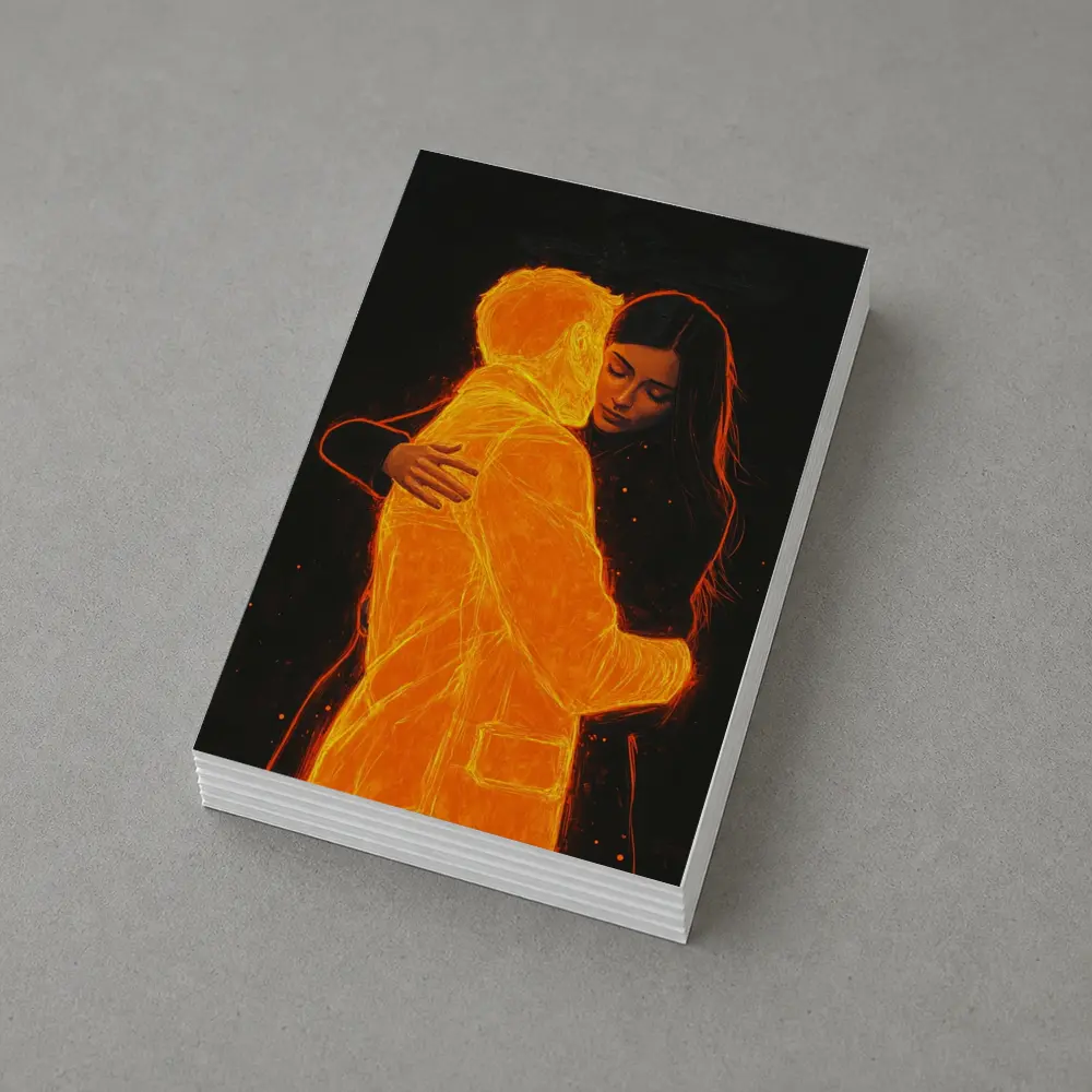 Glowing Couple Embracing Against Dark Background – Postcards