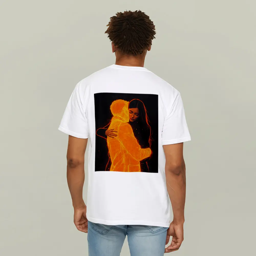 Glowing Couple Embracing Against Dark Background – T-Shirts