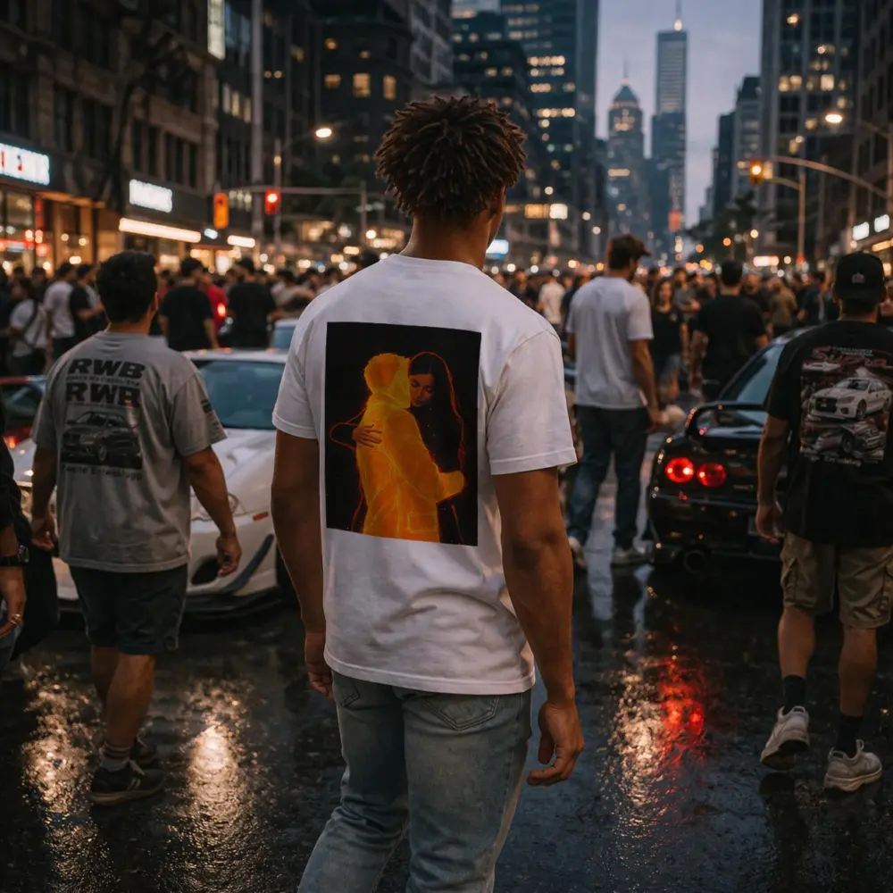 Glowing Couple Embracing Against Dark Background – T-Shirts