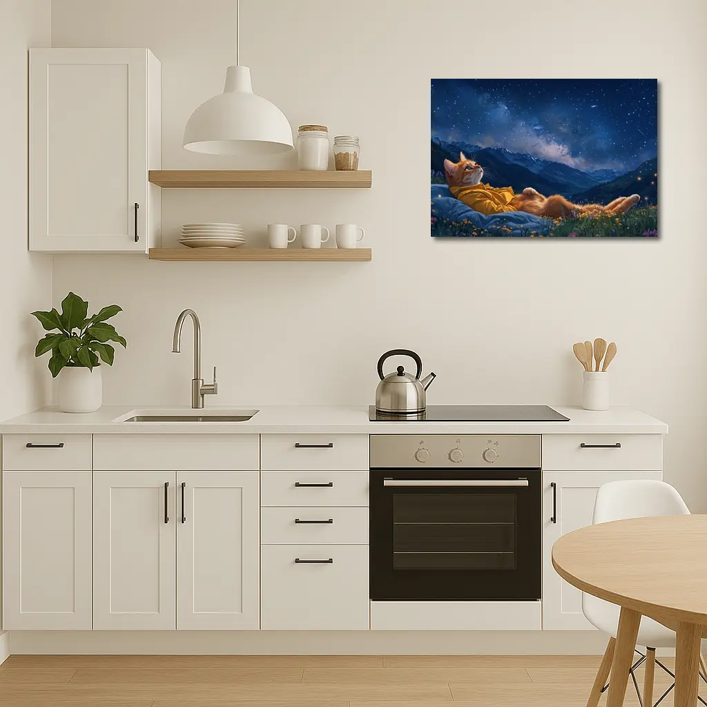 Orange Cat Relaxing Under Starry Night Sky – Wall Art
