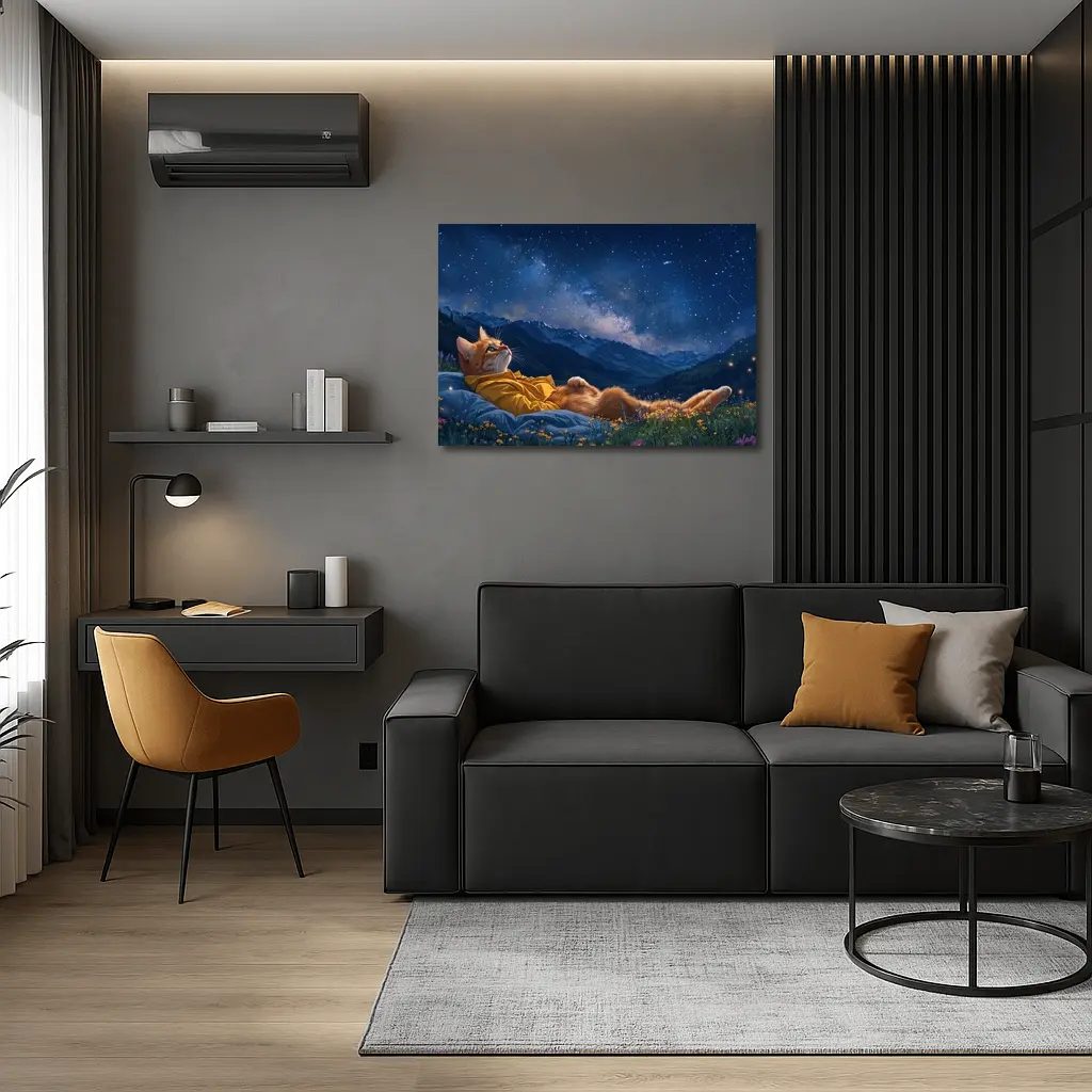 Orange Cat Relaxing Under Starry Night Sky – Wall Art
