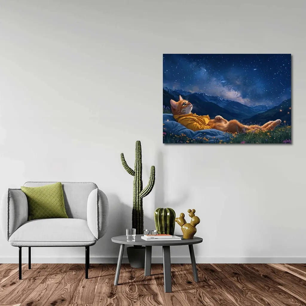 Orange Cat Relaxing Under Starry Night Sky – Wall Art
