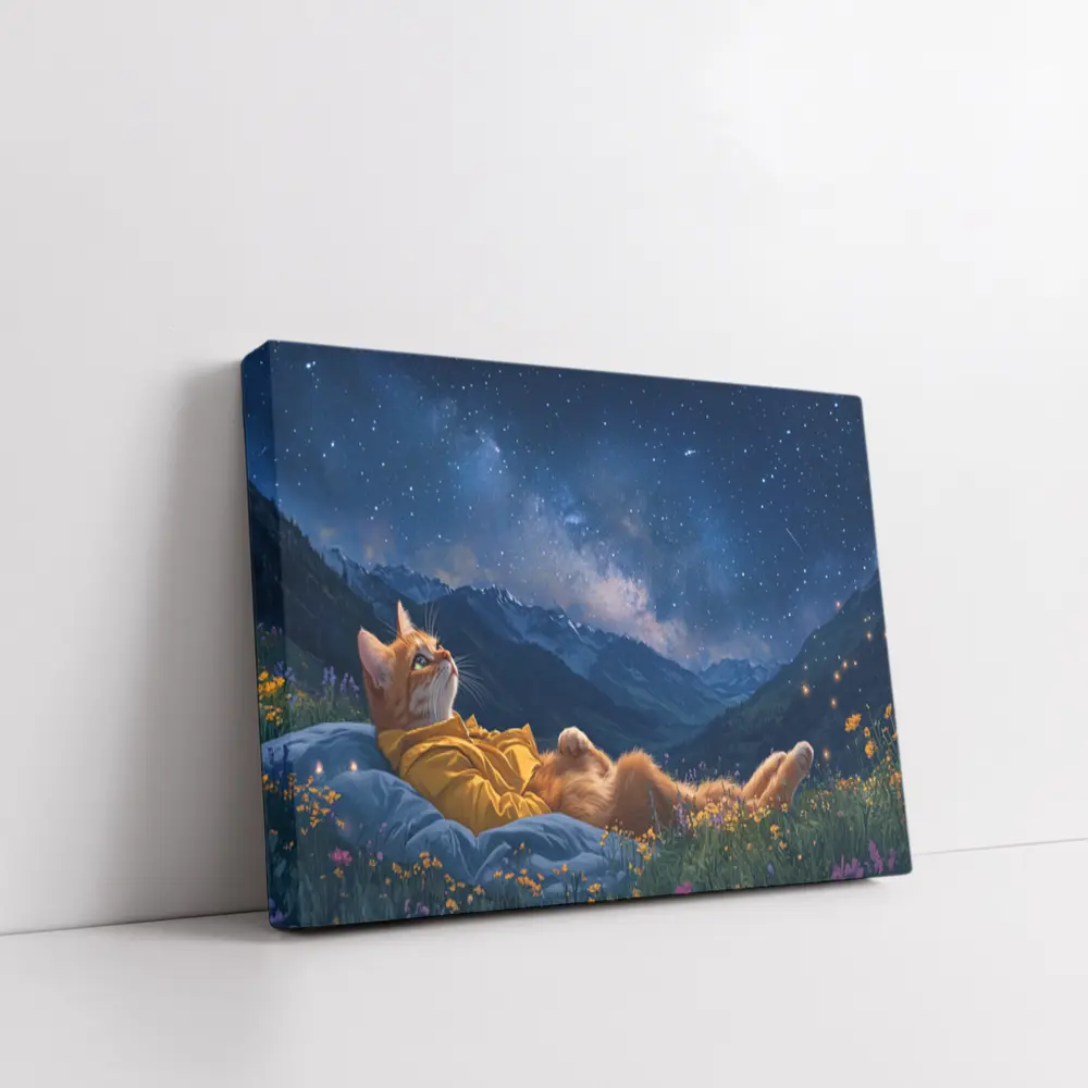 Orange Cat Relaxing Under Starry Night Sky – Wall Art