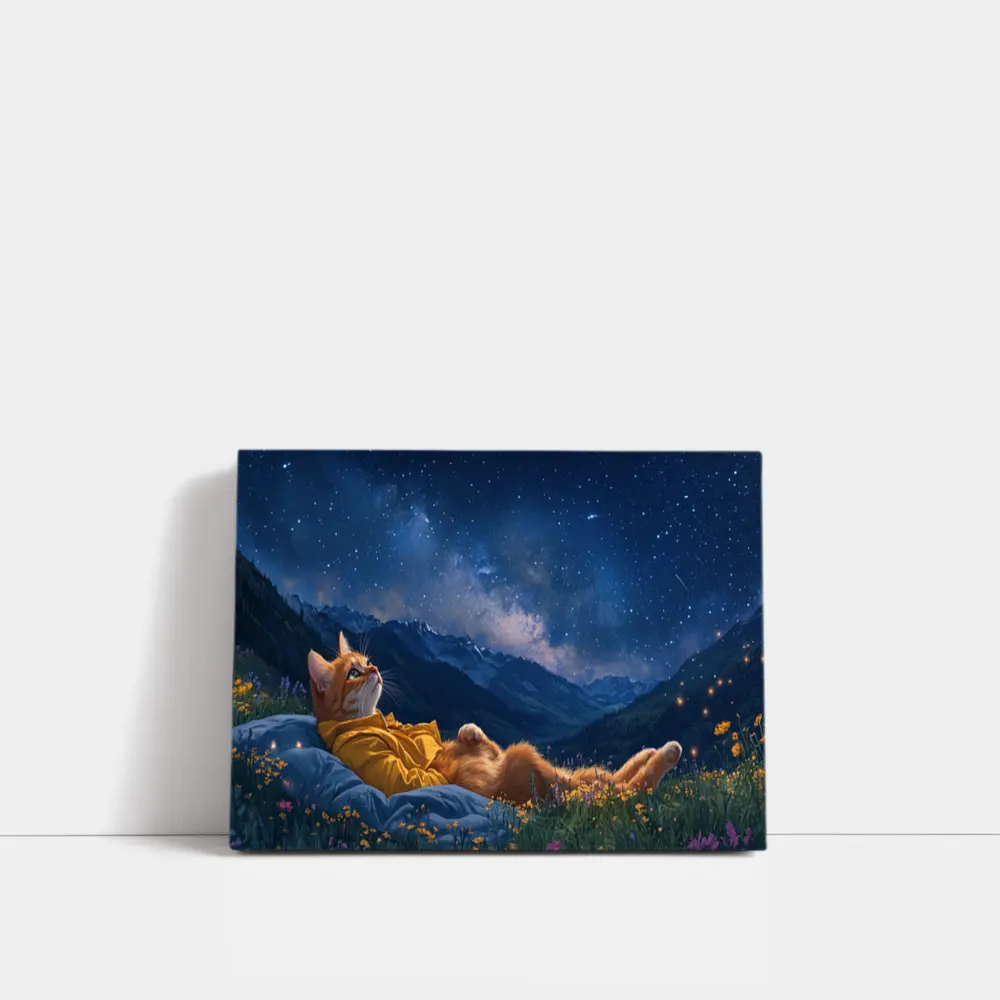 Orange Cat Relaxing Under Starry Night Sky – Wall Art