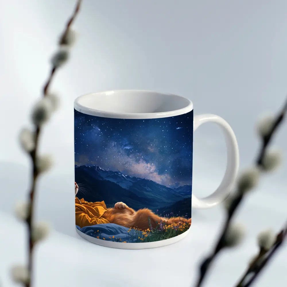 Orange Cat Relaxing Under Starry Night Sky – Mugs