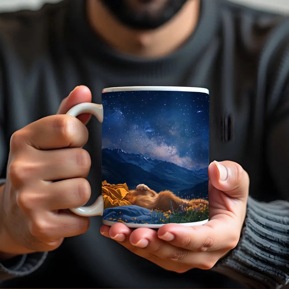 Orange Cat Relaxing Under Starry Night Sky – Mugs
