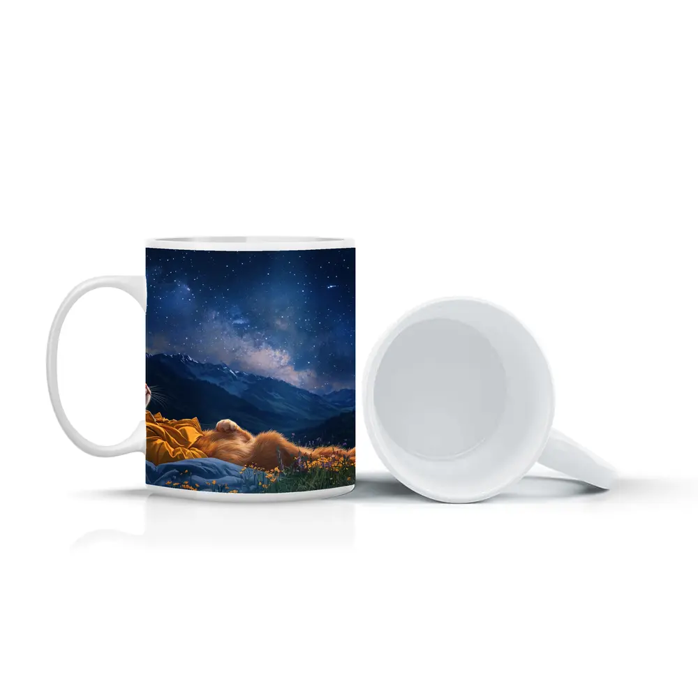 Orange Cat Relaxing Under Starry Night Sky – Mugs