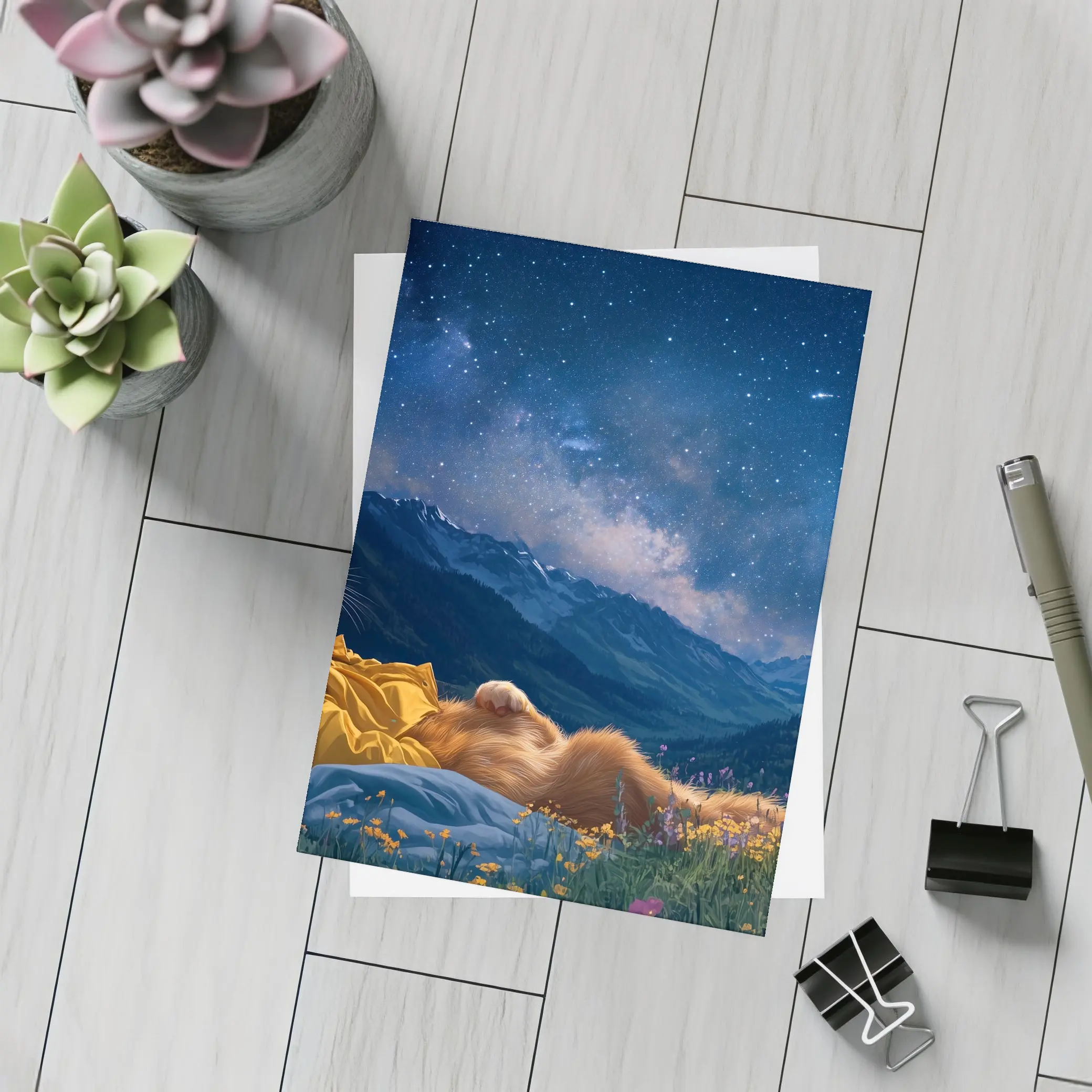 Orange Cat Relaxing Under Starry Night Sky – Postcards