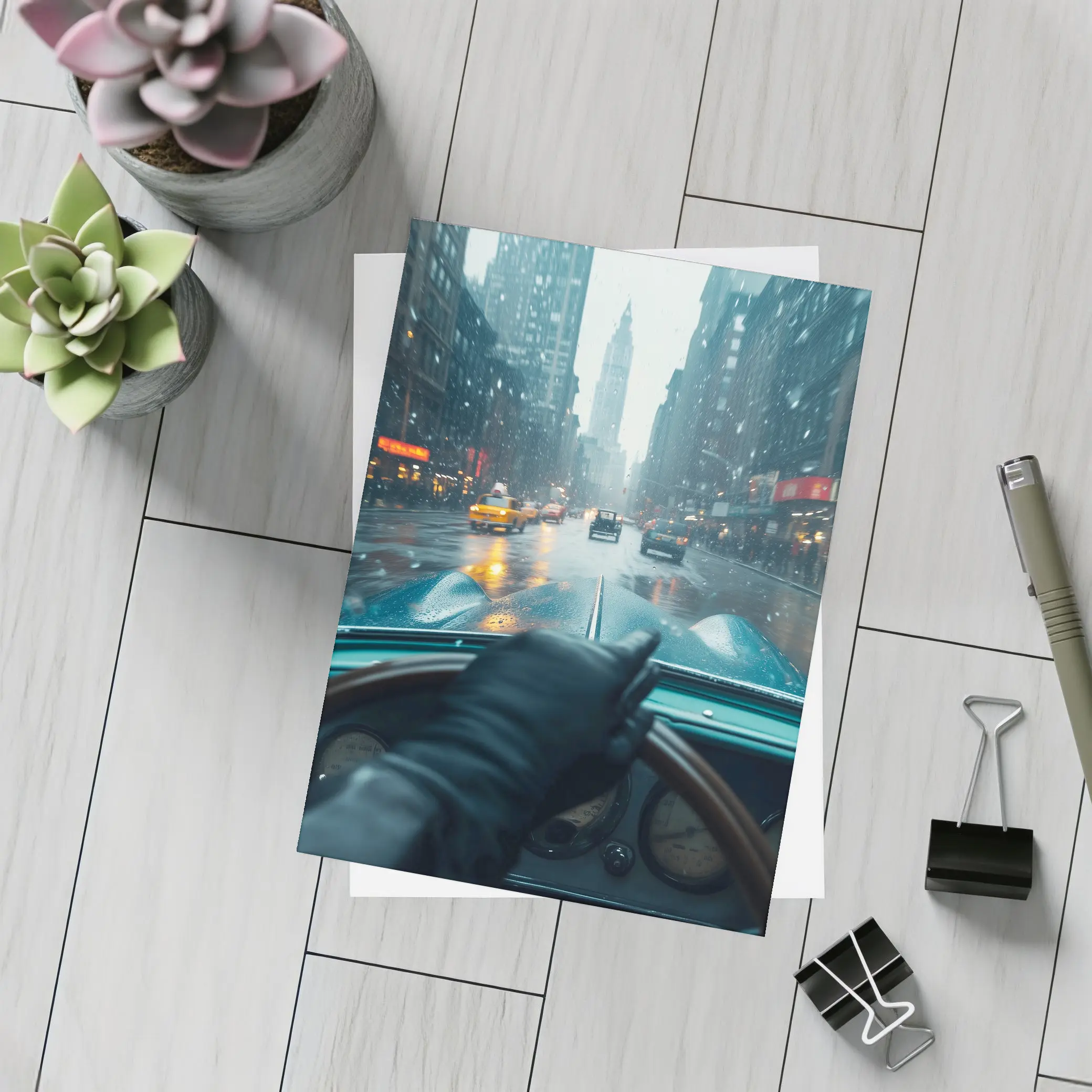 Classic Car Dashboard Rainy New York City – Postcards