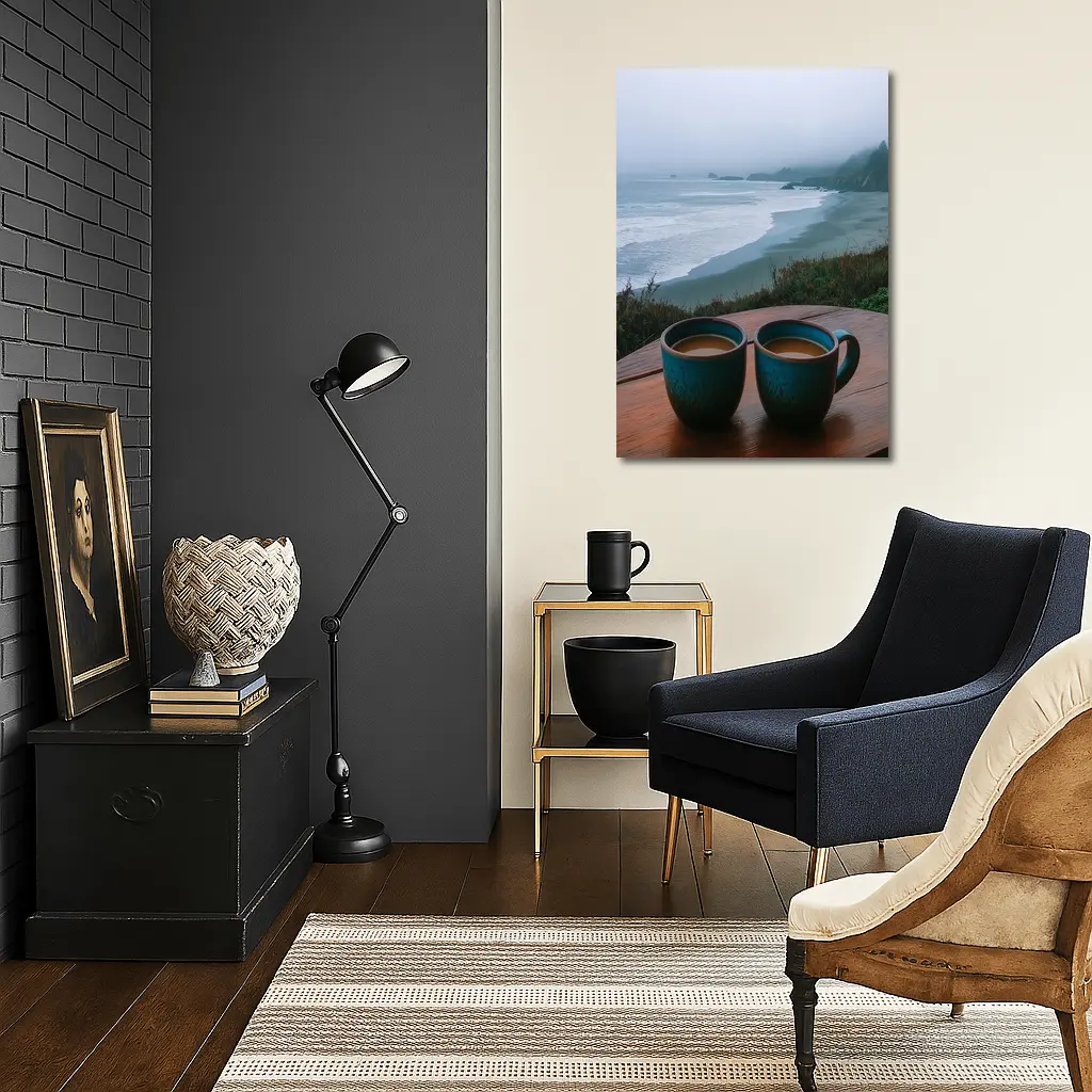 Two Coffee Mugs Foggy Coastal Beach View – Wall Art