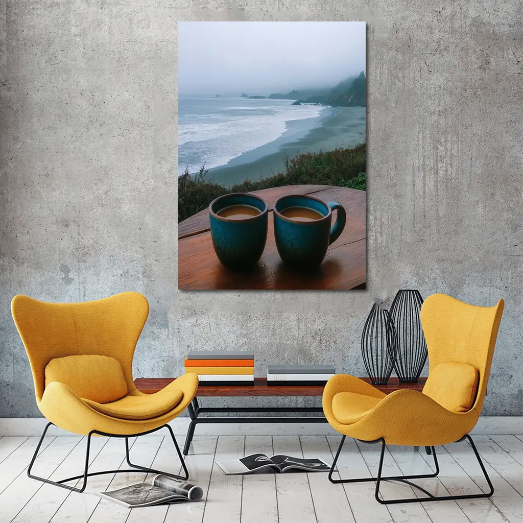 Two Coffee Mugs Foggy Coastal Beach View – Wall Art