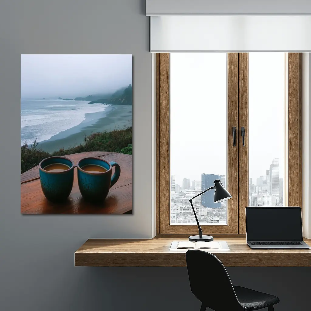 Two Coffee Mugs Foggy Coastal Beach View – Wall Art