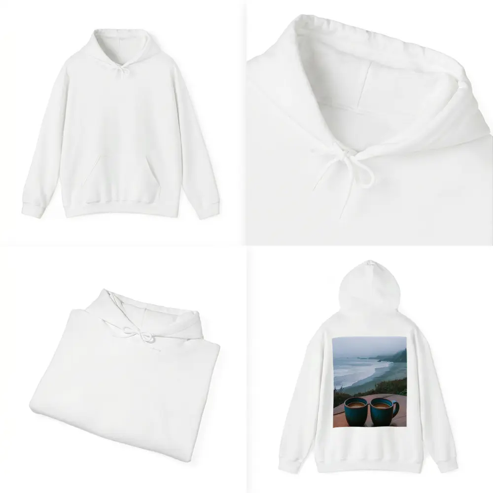 Two Coffee Mugs Foggy Coastal Beach View – Hoodies