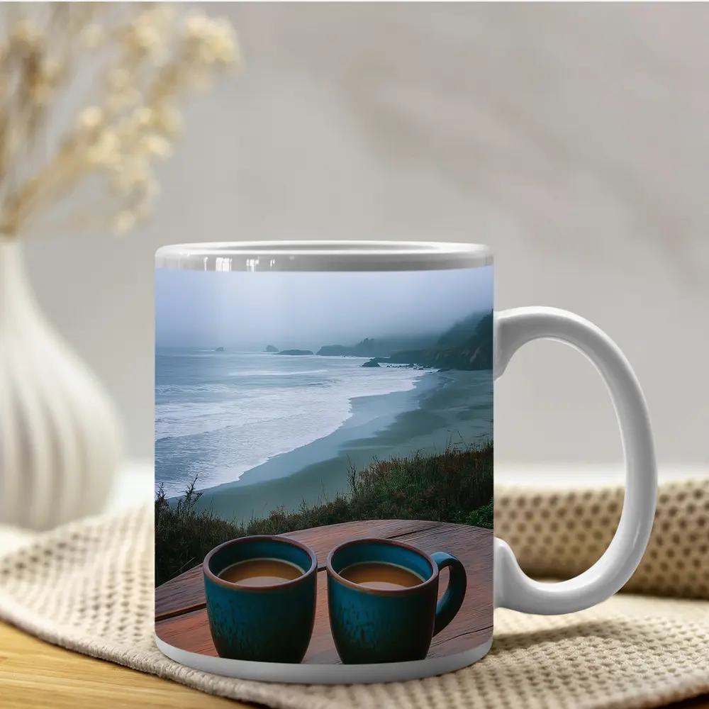 Two Coffee Mugs Foggy Coastal Beach View – Mugs