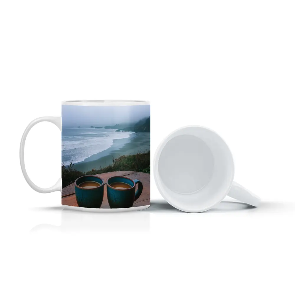 Two Coffee Mugs Foggy Coastal Beach View – Mugs