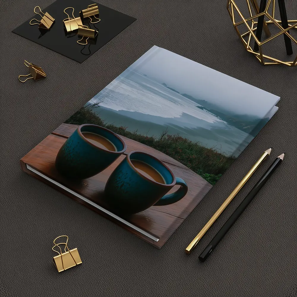 Two Coffee Mugs Foggy Coastal Beach View – Notebooks