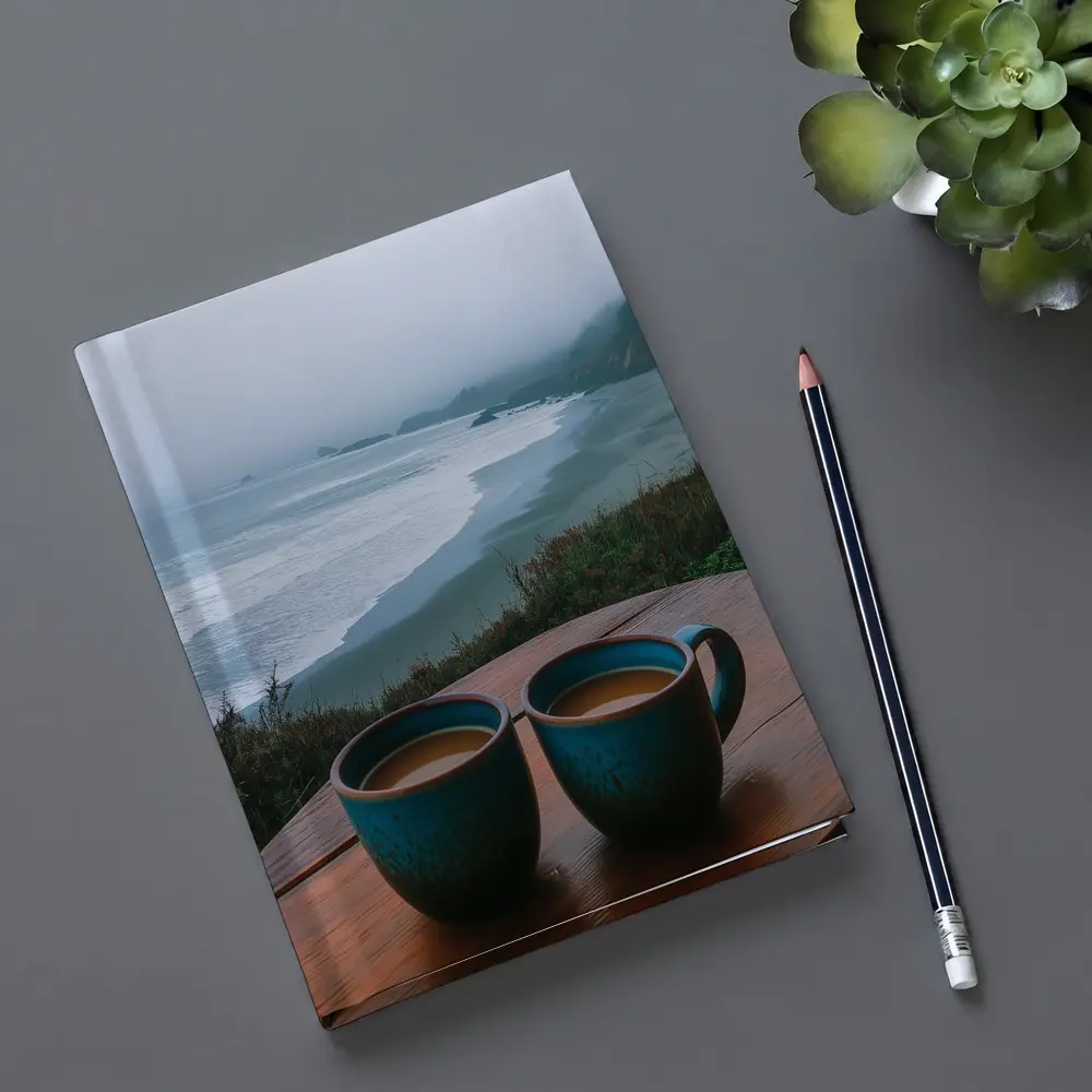 Two Coffee Mugs Foggy Coastal Beach View – Notebooks
