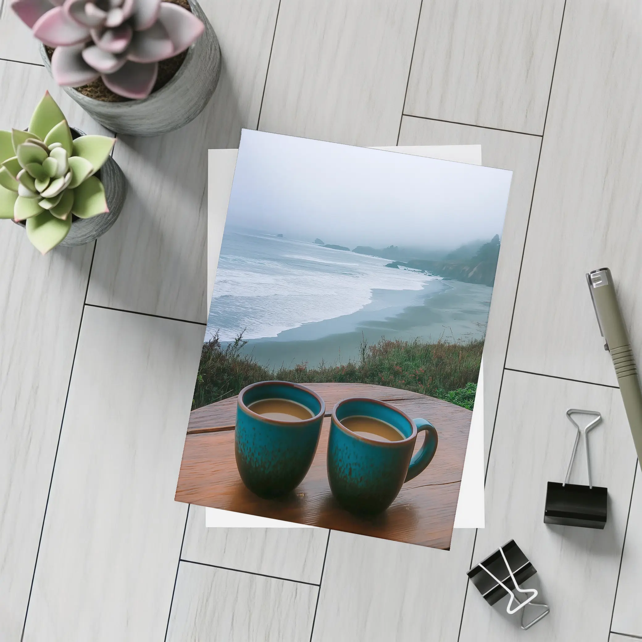 Two Coffee Mugs Foggy Coastal Beach View – Postcards