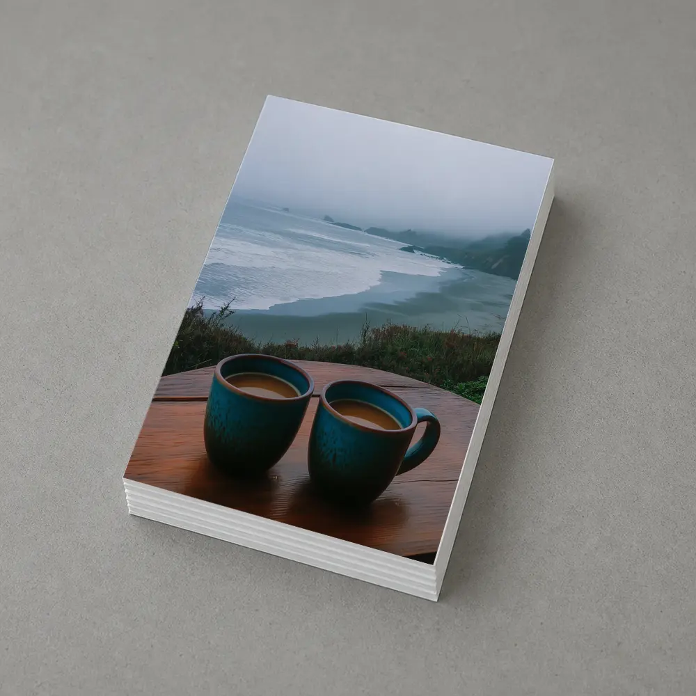 Two Coffee Mugs Foggy Coastal Beach View – Postcards