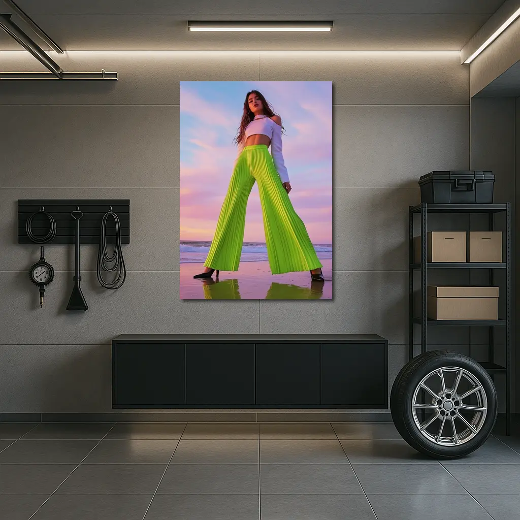 Neon Green Pleated Pants Woman Beach Sunset – Wall Art