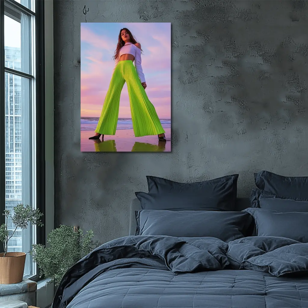 Neon Green Pleated Pants Woman Beach Sunset – Wall Art