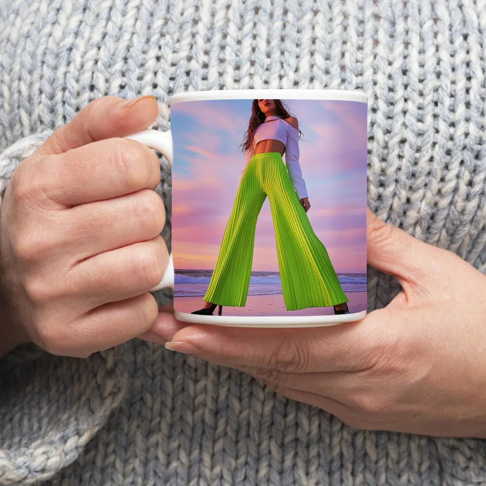 Neon Green Pleated Pants Woman Beach Sunset – Mugs