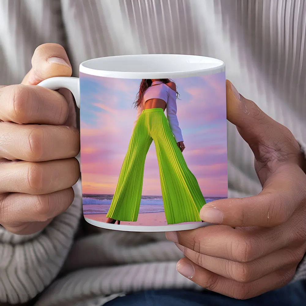 Neon Green Pleated Pants Woman Beach Sunset – Mugs