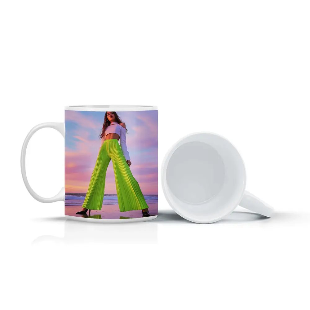 Neon Green Pleated Pants Woman Beach Sunset – Mugs