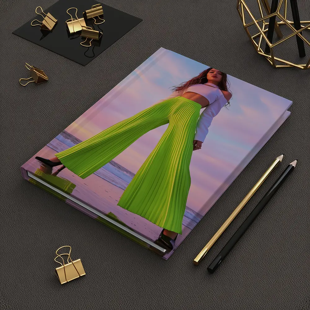 Neon Green Pleated Pants Woman Beach Sunset – Notebooks