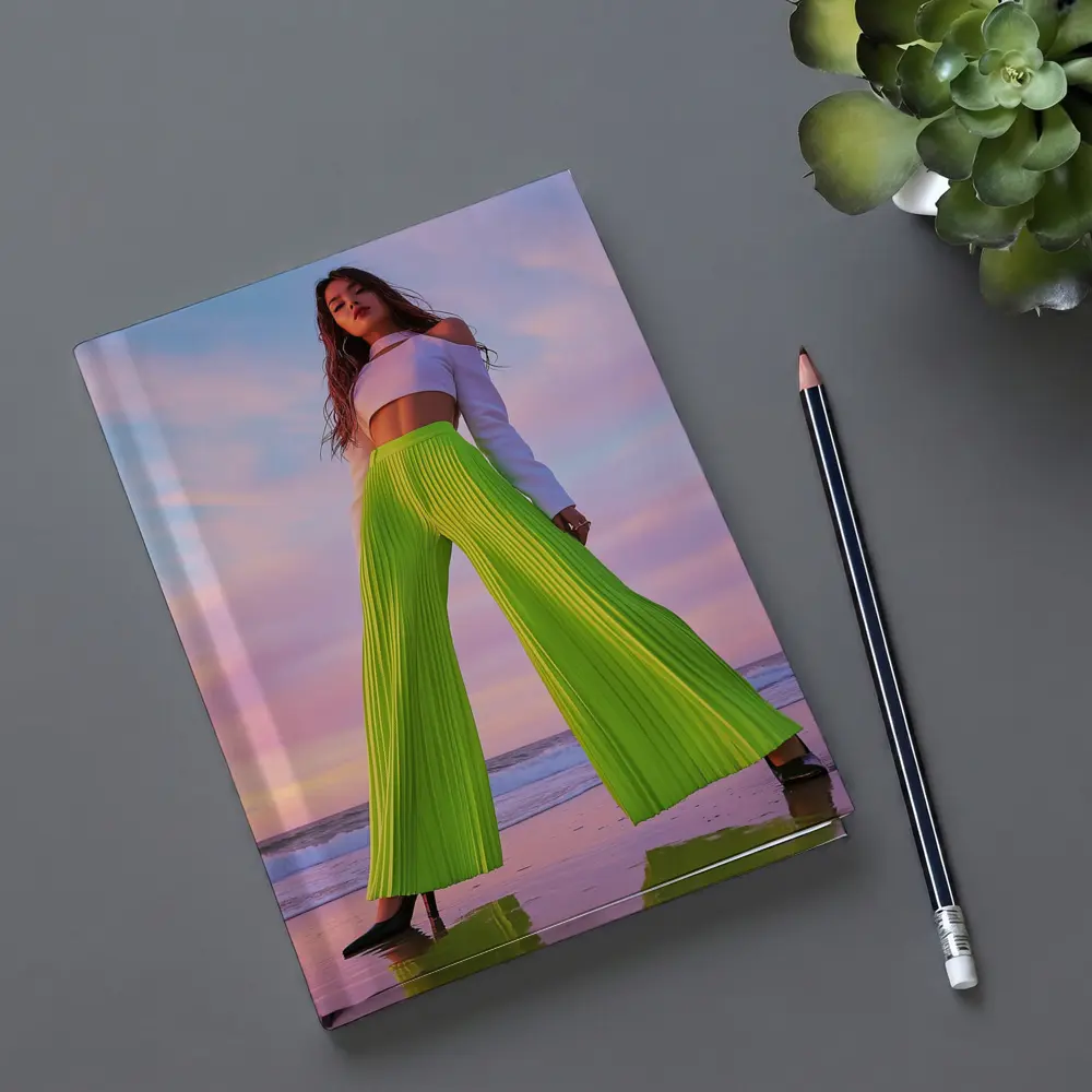 Neon Green Pleated Pants Woman Beach Sunset – Notebooks