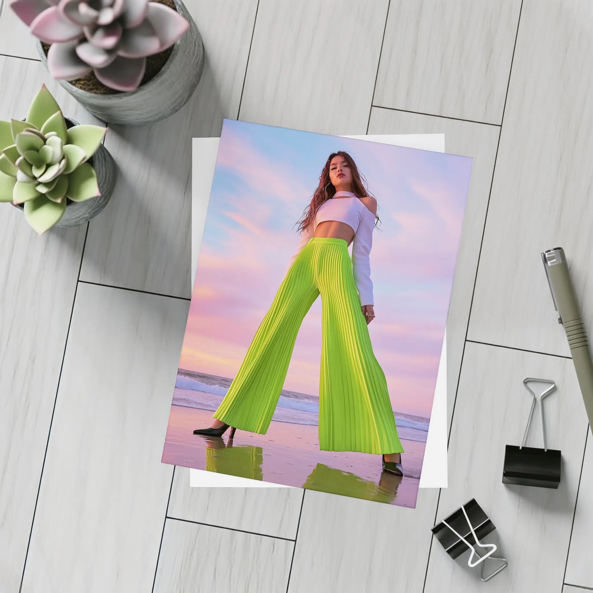 Neon Green Pleated Pants Woman Beach Sunset – Postcards