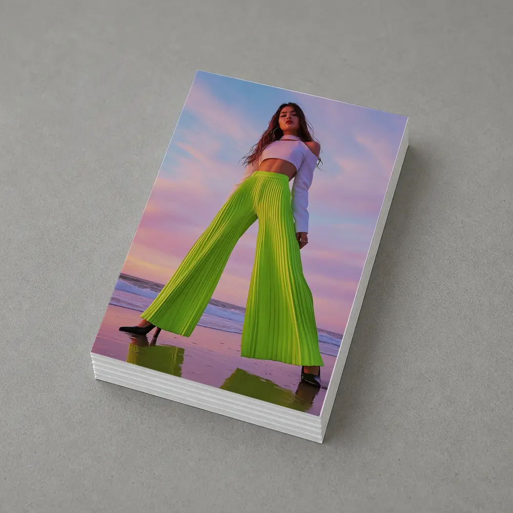 Neon Green Pleated Pants Woman Beach Sunset – Postcards