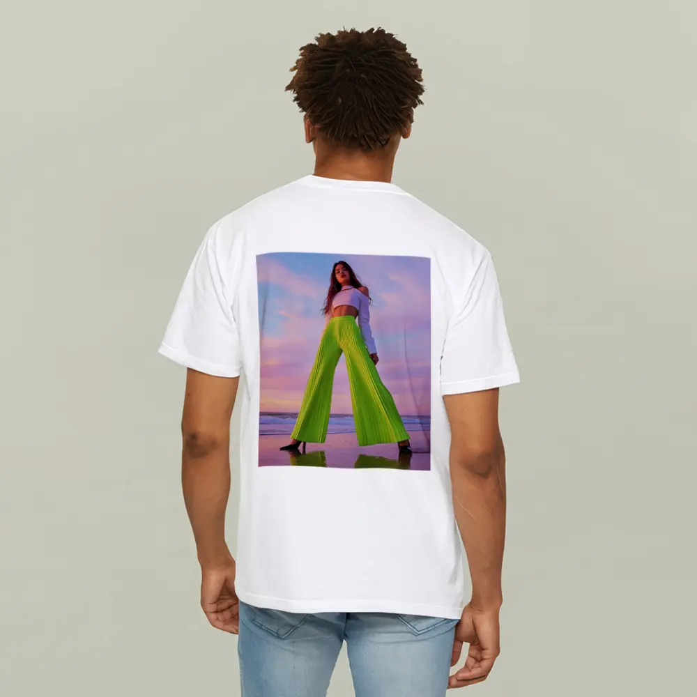 Neon Green Pleated Pants Woman Beach Sunset – T-Shirts