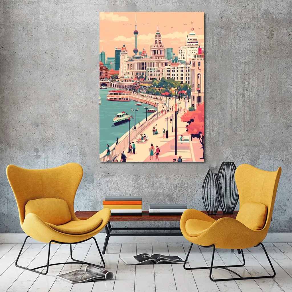Shanghai Bund Skyline Flat Illustration Art – Wall Art