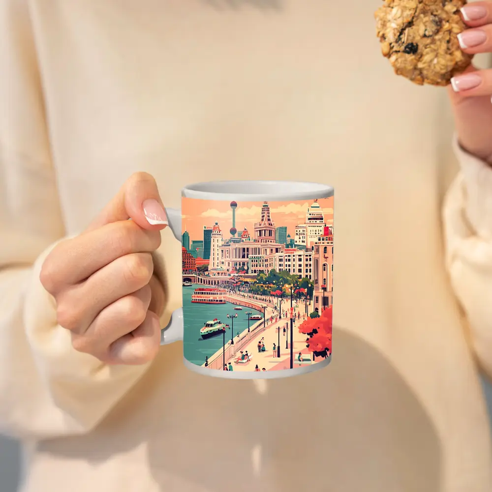 Shanghai Bund Skyline Flat Illustration Art – Mugs
