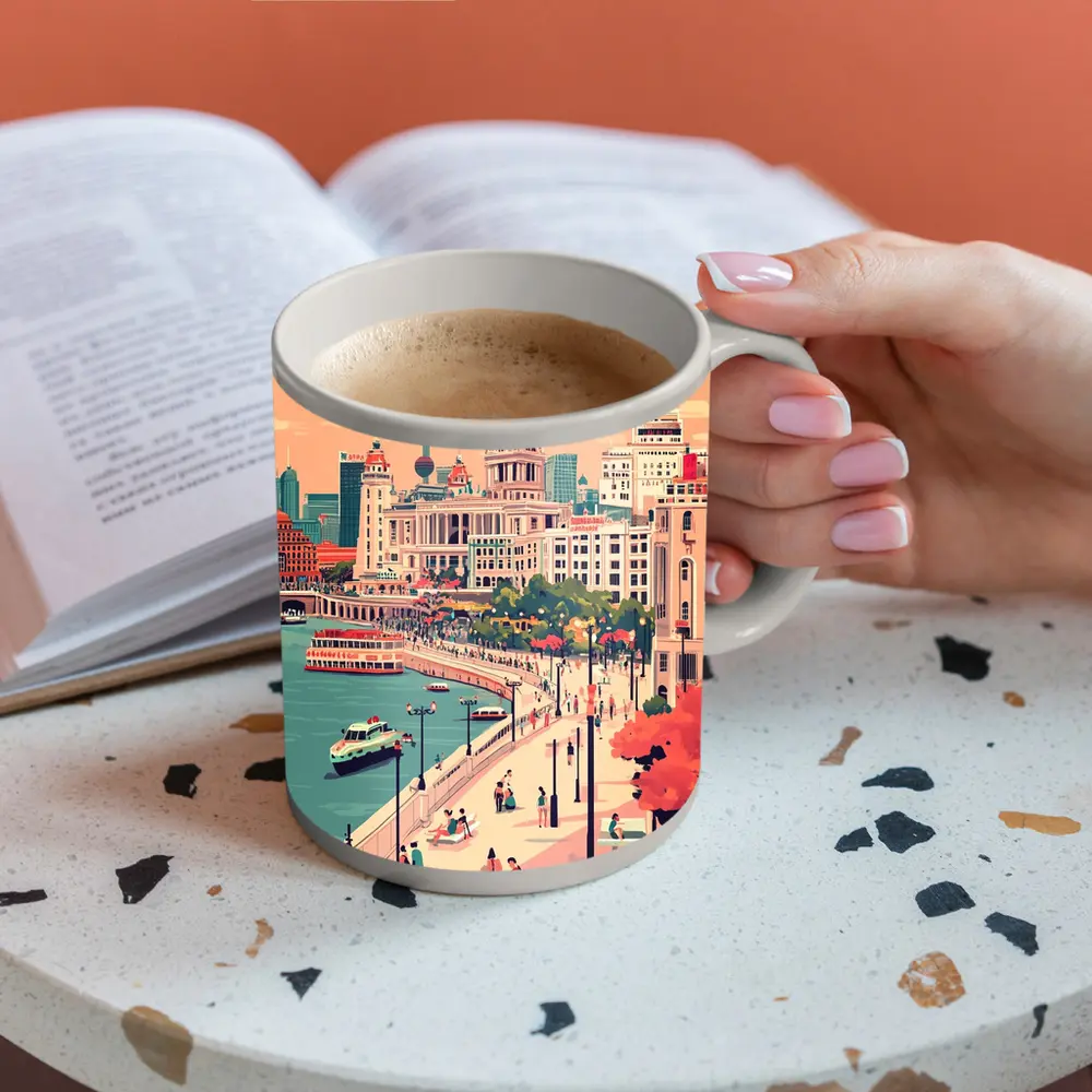 Shanghai Bund Skyline Flat Illustration Art – Mugs