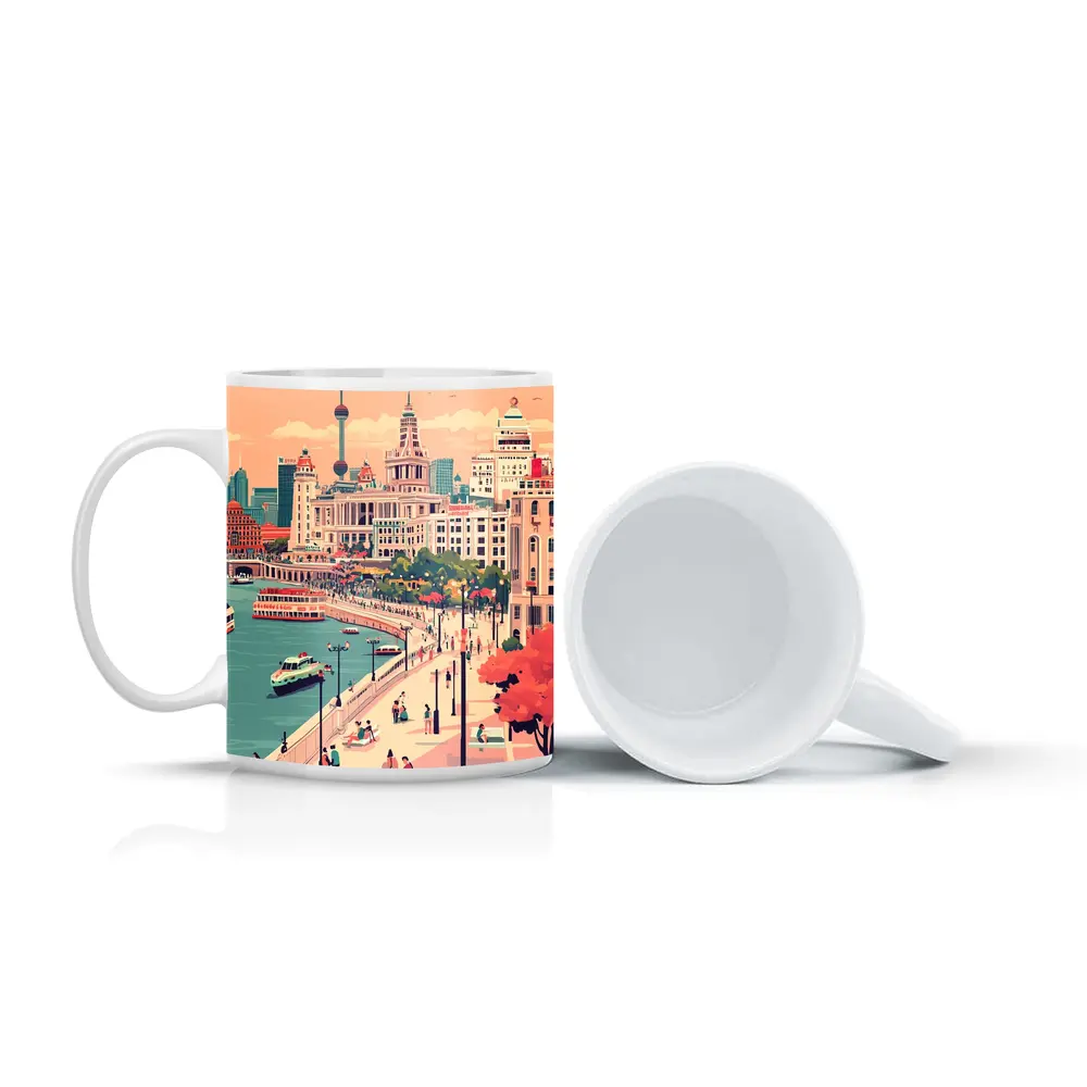 Shanghai Bund Skyline Flat Illustration Art – Mugs