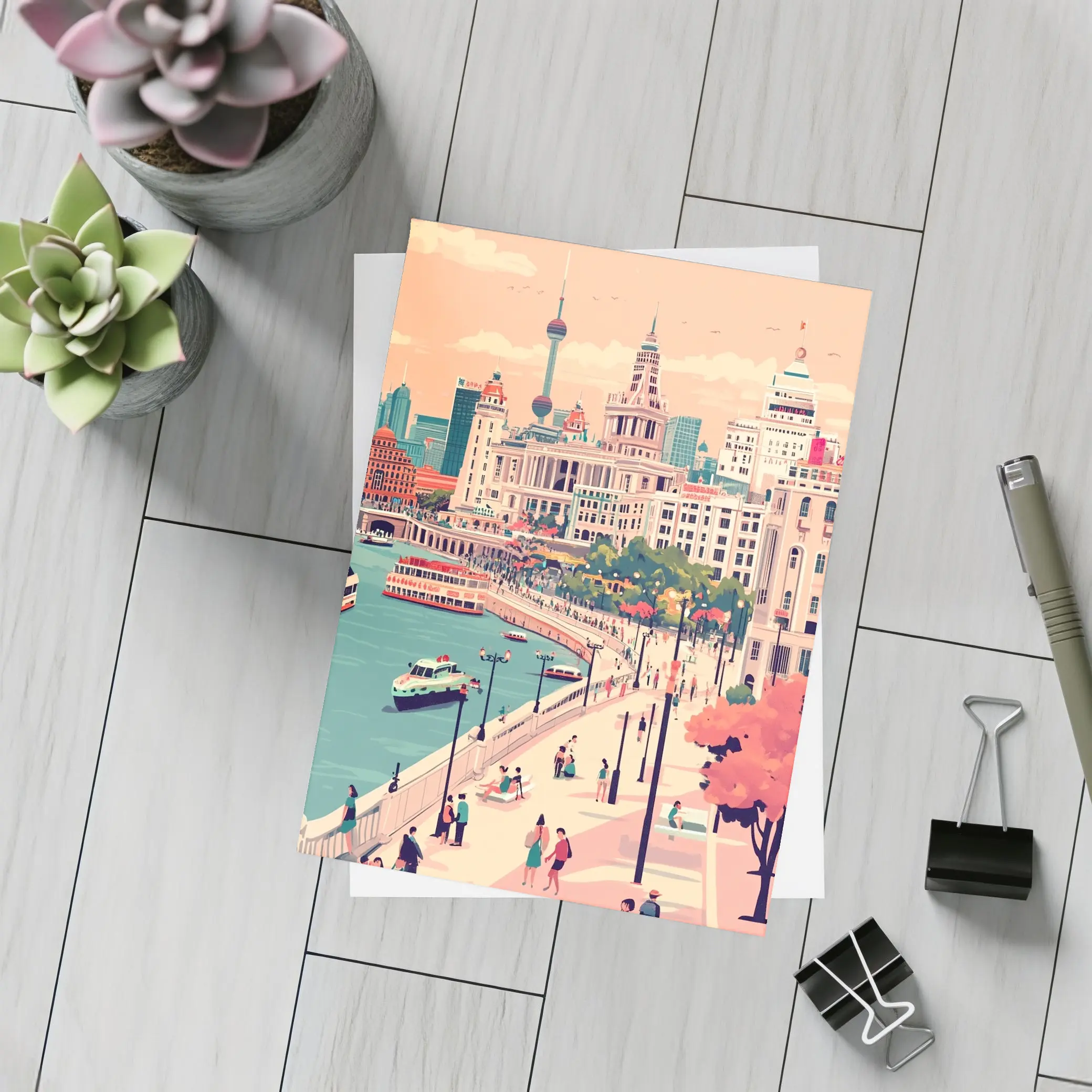 Shanghai Bund Skyline Flat Illustration Art – Postcards