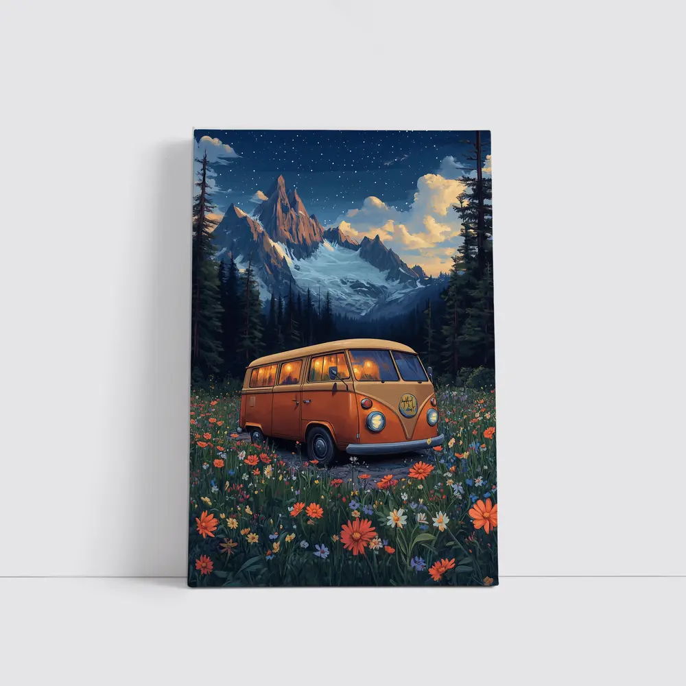 Volkswagen Bus Wildflower Meadow Mountain Night – Wall Art
