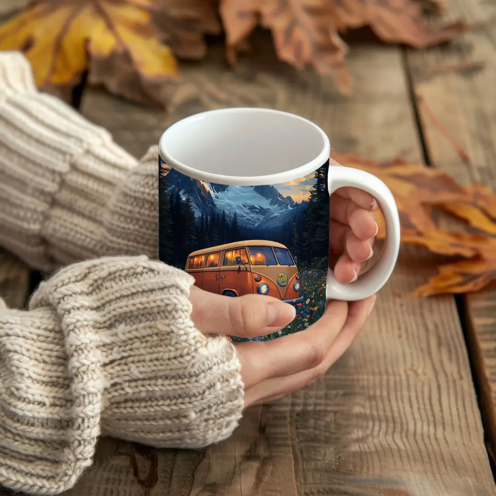 Volkswagen Bus Wildflower Meadow Mountain Night – Mugs
