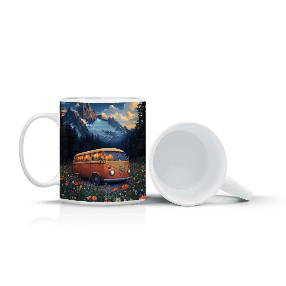 Volkswagen Bus Wildflower Meadow Mountain Night – Mugs