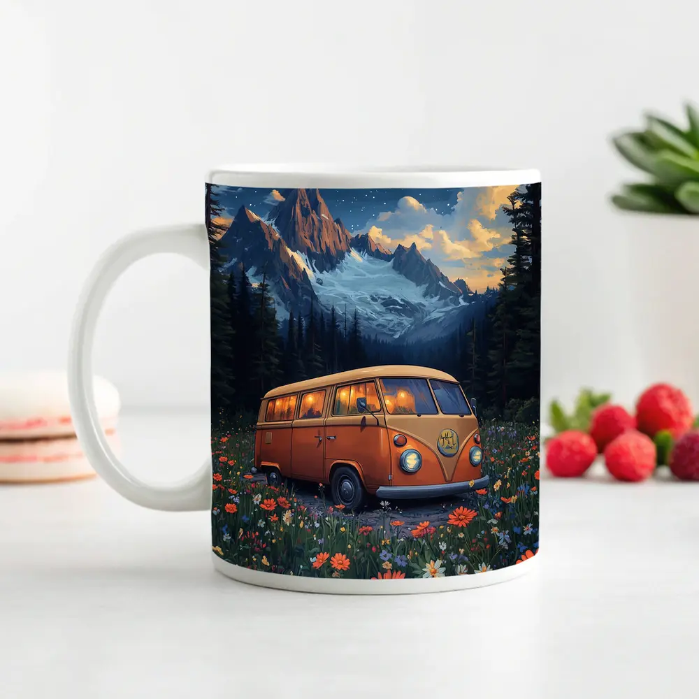Volkswagen Bus Wildflower Meadow Mountain Night – Mugs