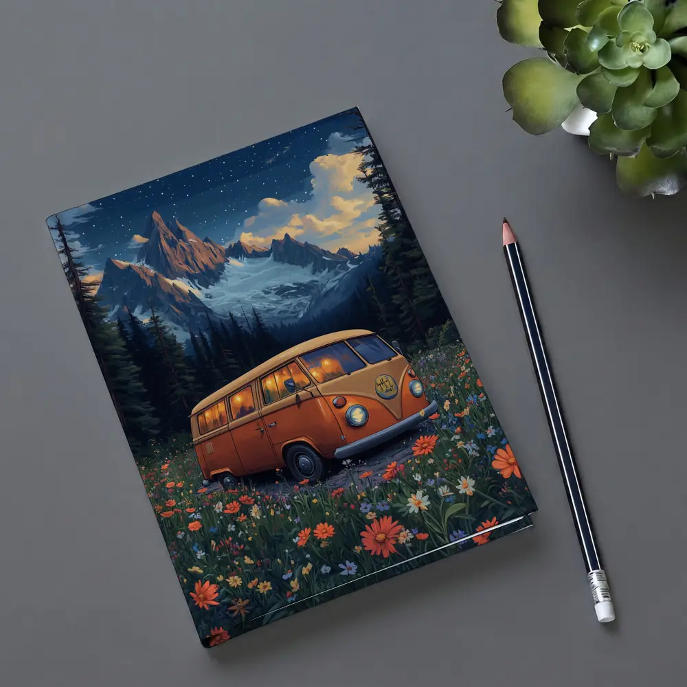 Volkswagen Bus Wildflower Meadow Mountain Night – Notebooks